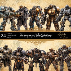 May include: 24 steampunk-style robot soldiers in various poses, some holding weapons. The robots are made of metal and have intricate details. The background is a textured, beige surface with the text "Steampunk Elite Soldiers" in black.