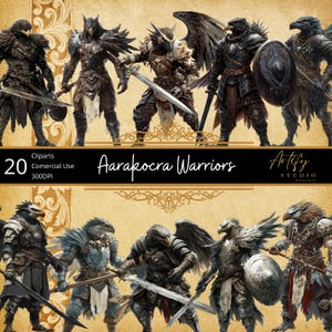 Imágenes prediseñadas de guerreros Aarakocra: 20 poderosos luchadores aviares para aventuras fantásticas, fondo transparente, uso comercial