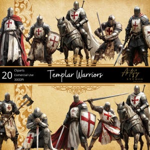 May include: A digital illustration set of 20 Templar warriors, in various poses, wearing armour and holding swords and shields. The warriors are depicted in a medieval setting, with a red cross on their shields and armour. The text "Templar Warriors" is displayed at the top of the image.