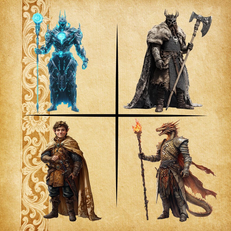 May include: A digital illustration of four fantasy characters. A blue armored knight with a staff, a bearded warrior with a fur cloak and axe, a young elf with a sword and a dragon-like creature with a staff.