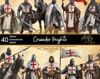 May include: Digital illustration of Crusader Knights. The image features several knights in full armor, some with swords and flags bearing a red cross. The text "Crusader Knights" is displayed across the image, along with "40 Cliparts Commercial Use 300DPI".