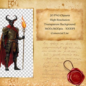 May include: A digital illustration of a demon with red horns, wearing black armor and a red cape, holding a flaming staff. The image is set against a transparent background.