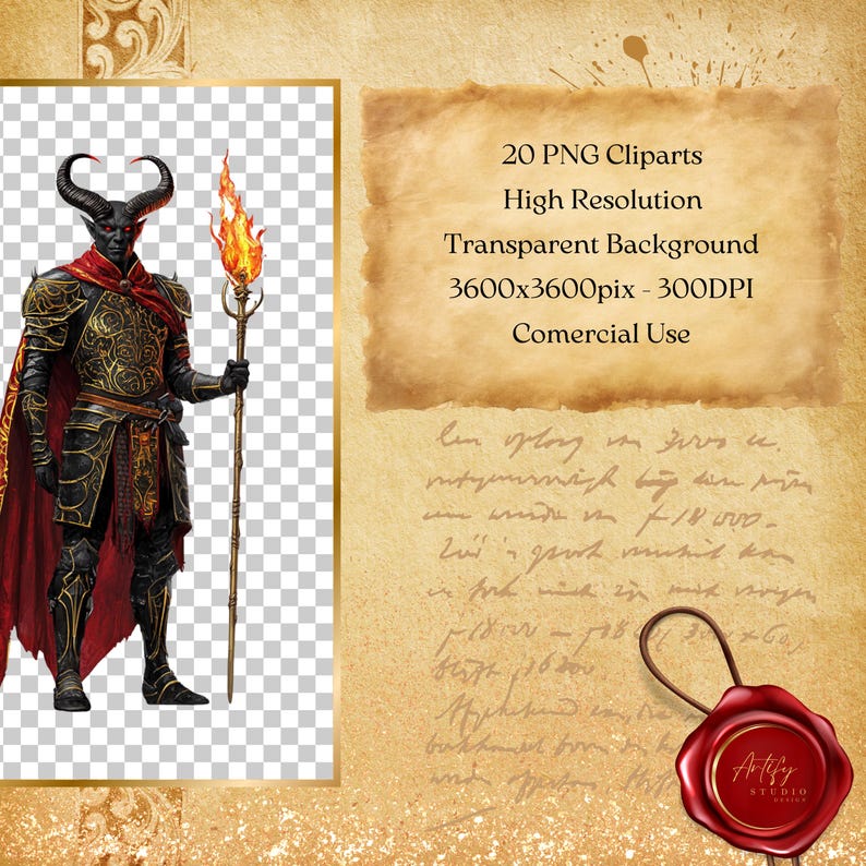 May include: A digital illustration of a demon with red horns, wearing black armor and a red cape, holding a flaming staff. The image is set against a transparent background.