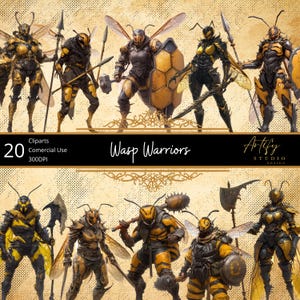 May include: A digital clipart set of 20 wasp warrior illustrations. The warriors are shown in various poses, with detailed black and yellow armour. The image includes the text "Wasp Warriors" and "Artify Studio Design".