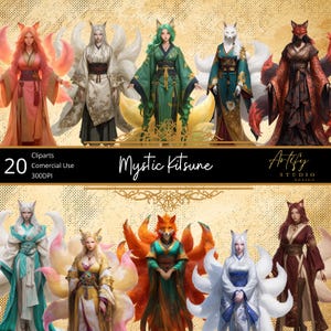 Puede incluir: Conjunto de imágenes prediseñadas digitales con 20 diseños de Mystic Kitsune. Cada diseño muestra a una mujer con rasgos de zorro, adornada con atuendos elaborados y coloridos, y acompañada de múltiples colas esponjosas. El texto "Mystic Kitsune" se muestra de forma destacada.