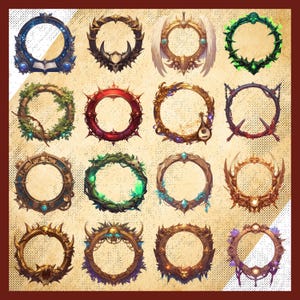 May include: Sixteen decorative circular frames with fantasy designs. Each frame has unique elements such as wings, skulls, gems, and musical instruments. The frames are in various colours, including gold, green, and blue.