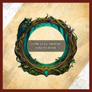 Könnte beinhalten: Ein kreisförmiger Token-Rahmen mit Waldthema. Der Rahmen besteht aus verschlungenen braunen Ästen, verziert mit kleinen lila Blumen und grünen Blättern. Eine Eule sitzt auf der linken Seite. Der Text "FOREST GUARDIAN TOKEN FRAME" wird in der Mitte angezeigt.