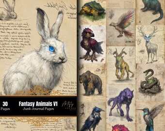 Fantasy Animals V1 Junk Journal Printables, Fantasy Scrapbook Pages, Vintage JPG, Digital Download , Commercial Use