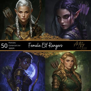 50 portraits de femmes elfes rangers, portraits numériques de personnages fantastiques TTRPG, MDN, usage commercial