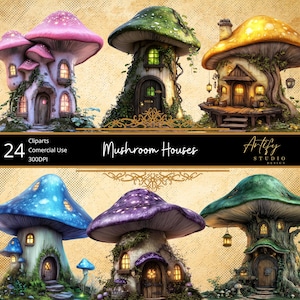 Champignons - Maisons magiques dans la forêt de champignons, cliparts fantastiques, fond transparent, usage commercial