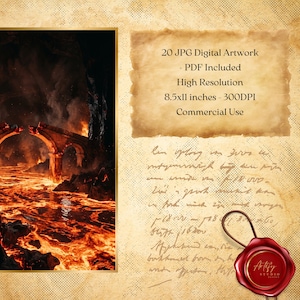 May include: Digital artwork featuring a fiery landscape with a bridge over a river of lava. The image includes text: "20 JPG Digital Artwork + PDF Included High Resolution 8.5x11 inches - 300DPI Commercial Use". A red wax seal is also present.