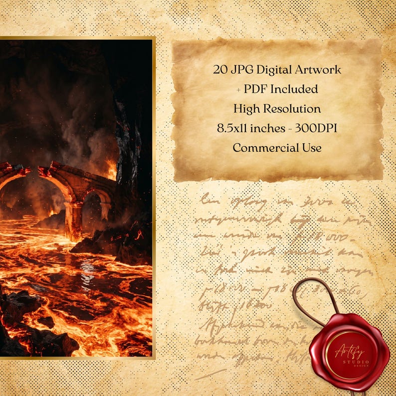 May include: Digital artwork featuring a fiery landscape with a bridge over a river of lava. The image includes text: "20 JPG Digital Artwork + PDF Included High Resolution 8.5x11 inches - 300DPI Commercial Use". A red wax seal is also present.