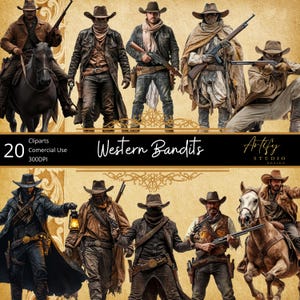 May include: 20 Western Bandit Clipart Images for commercial use.  The images feature men in cowboy hats and clothing, holding guns and riding horses.  Some are wearing bandanas and have a rugged look.  The images are set against a vintage background.