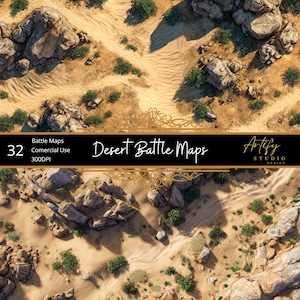 Op de afbeelding: Luchtfoto van een woestijngevechtskaart met zand, rotsformaties en verspreide groene vegetatie. De afbeelding bevat de tekst "Desert Battle Maps", het nummer "32" en de woorden "Commercial Use".