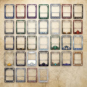 May include: A collection of thirty-one rectangular card frames arranged in a grid. Each frame features a distinct border design, including various metallic finishes, gemstone accents, and intricate patterns, all presented on a textured parchment background.