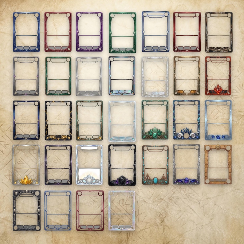 May include: A collection of thirty-one rectangular card frames arranged in a grid. Each frame features a distinct border design, including various metallic finishes, gemstone accents, and intricate patterns, all presented on a textured parchment background.