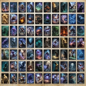 May include: A collection of eighty rectangular fantasy art prints arranged in a grid, featuring diverse scenes of mythical creatures, magical beings, glowing spells, dark landscapes, and heroic figures rendered in vibrant colors and dramatic lighting.