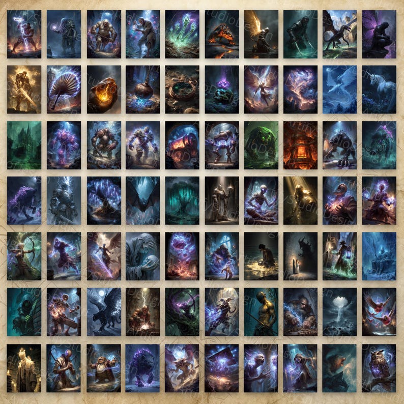 May include: A collection of eighty rectangular fantasy art prints arranged in a grid, featuring diverse scenes of mythical creatures, magical beings, glowing spells, dark landscapes, and heroic figures rendered in vibrant colors and dramatic lighting.