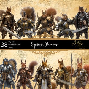 May include: Digital clipart set featuring illustrations of anthropomorphic squirrels dressed as medieval warriors. The squirrels are depicted in various poses, wielding swords, axes, and shields, with detailed armor in gold and silver tones. The text "Squirrel Warriors" is displayed.