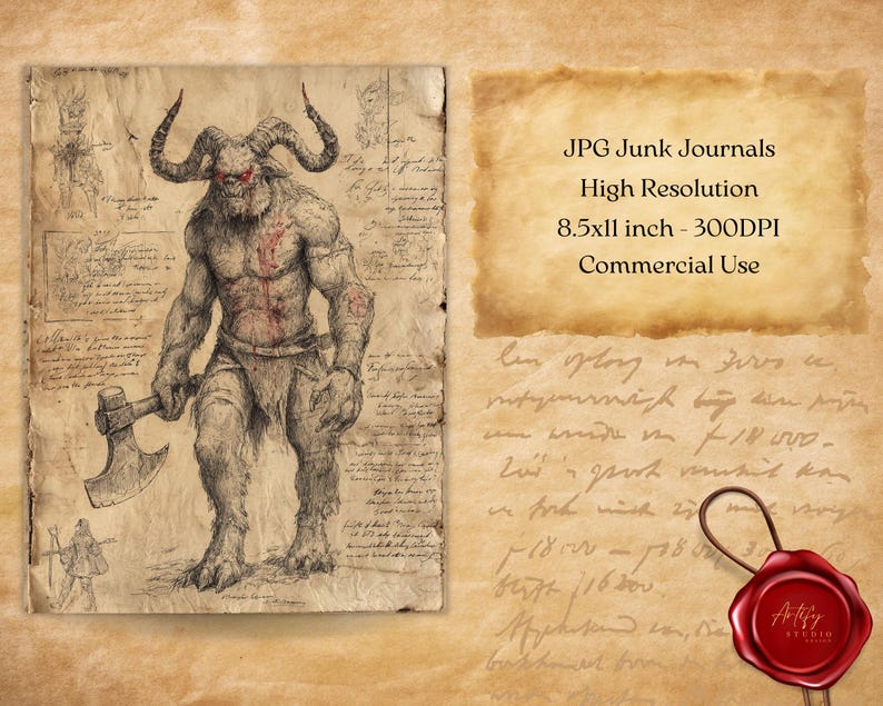 Monster Sketches Junk Journal Printables, Fantasy Scrapbook Pages ...