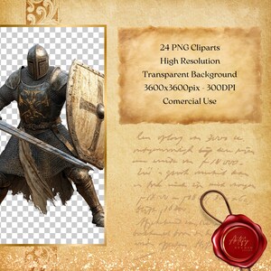 May include: A digital illustration of a medieval knight in full armor, holding a sword and shield. The knight is set against a transparent background. The image includes text: "24 PNG Cliparts, High Resolution, Transparent Background, 3600x3600pix - 300DPI, Comercial Use."