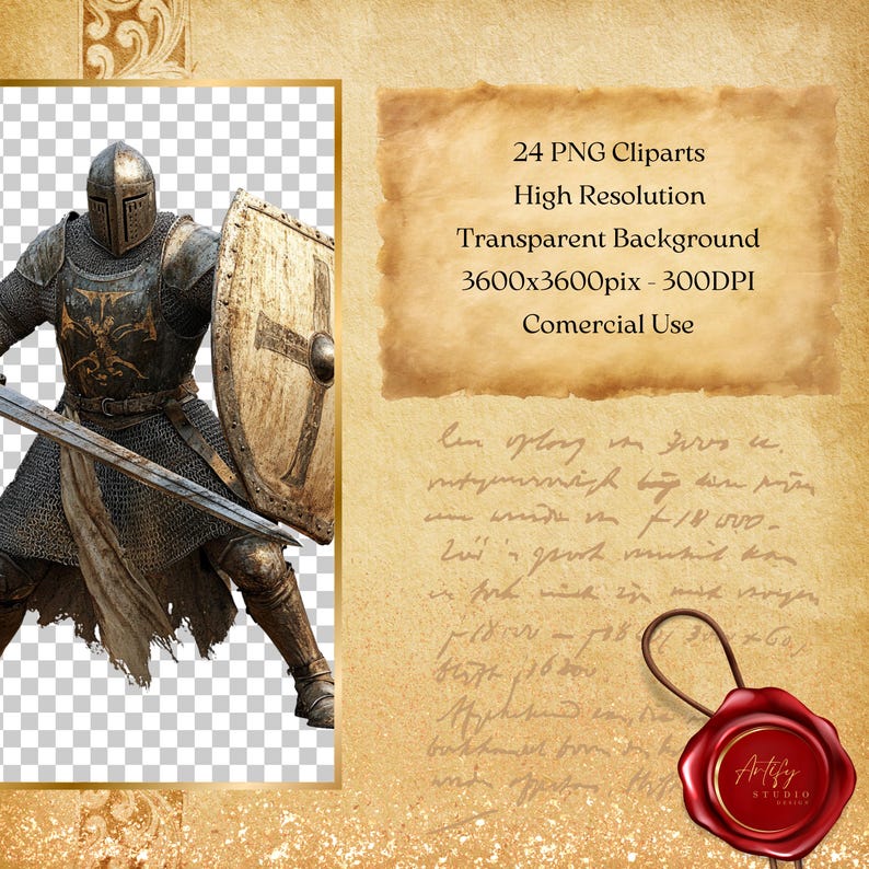May include: A digital illustration of a medieval knight in full armor, holding a sword and shield. The knight is set against a transparent background. The image includes text: "24 PNG Cliparts, High Resolution, Transparent Background, 3600x3600pix - 300DPI, Comercial Use."