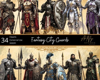 Może przedstawiać: 34 cyfrowe ilustracje fantasy miejskich strażników w różnych zbrojach i broni. Strażnicy są przedstawieni w stylu średniowiecznym, z mieczami, tarczami, włóczniami i hełmami. Ilustracje idealnie nadają się do wykorzystania w grach fantasy, książkach lub innych projektach kreatywnych.