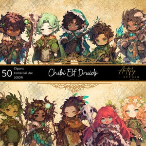 Chibi Elf Druids – 50 Enchanted Nature Guardians Cliparts, Fundos Transparentes, Uso Comercial