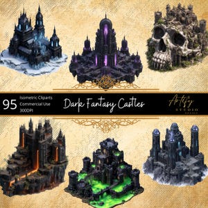 Puede incluir: Seis imágenes de clipart isométricas de castillos de fantasía oscura. Los castillos se representan en varios estilos, incluyendo un castillo con forma de calavera y castillos con elementos brillantes. El texto "Dark Fantasy Castles" está presente.