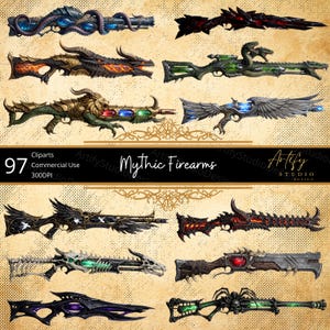 May include: A collection of twelve digital illustrations of fantasy firearms featuring intricate designs with dragon, skeletal, and arachnid motifs, glowing blue, green, and red elements, and metallic textures, labeled with the text Mythic Firearms.