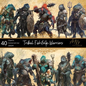 Guerreiros Tribais do Povo Peixe – 40 Defensores Aquáticos das Profundezas, Cliparts TTRPG, Arte de Fantasia, Fundo Transparente, Uso Comercial