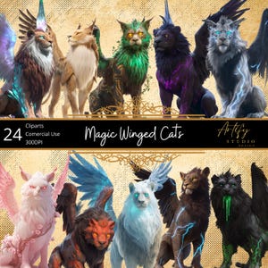 May include: A collection of 24 digital cliparts featuring fantasy winged cats in various colors. The cats have detailed fur, wings, and glowing eyes. The image includes the text "Magic Winged Cats" and "Artify Studio Design".