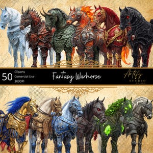 Cavalos de Guerra de Fantasia – Majestosos Corcéis de Batalha da Lenda, Cliparts de Fantasia, Fundo Transparente, Uso Comercial