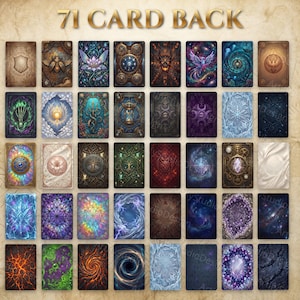 May include: A collection of 71 card back designs arranged in a grid, featuring diverse artistic themes including celestial bodies, mythical creatures, crystals, floral patterns, and abstract textures, all displayed under the text 71 CARD BACK.