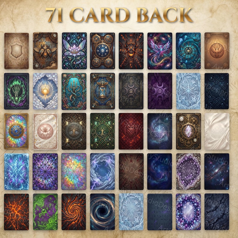 May include: A collection of 71 card back designs arranged in a grid, featuring diverse artistic themes including celestial bodies, mythical creatures, crystals, floral patterns, and abstract textures, all displayed under the text 71 CARD BACK.