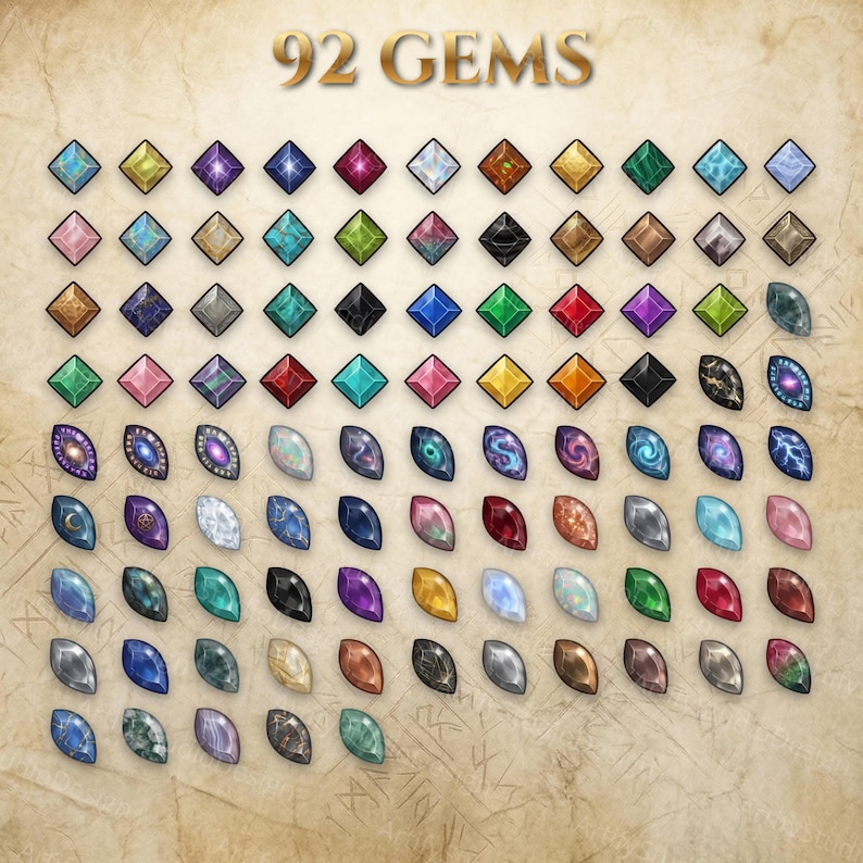 May include: A collection of 92 gems arranged in a grid on a parchment-style background. The set includes square-cut stones in various colors and textures, alongside marquise-shaped gems featuring intricate patterns, swirls, and cosmic designs.