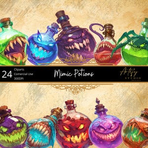 Pozioni Mimiche – Bottiglie Furtive con un Tocco Mostro per Mondi Fantasy, Clipart Fantasy, Sfondo Trasparente, Uso Commerciale