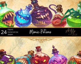 Pozioni Mimiche – Bottiglie Furtive con un Tocco Mostro per Mondi Fantasy, Clipart Fantasy, Sfondo Trasparente, Uso Commerciale