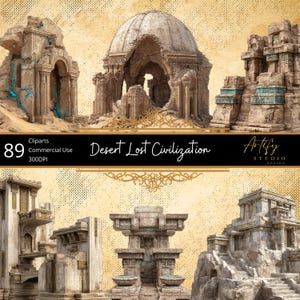 Op de afbeelding: Digitale clipartset met illustraties van oude, verweerde ruïnes. De afbeeldingen tonen afbrokkelende bogen, tempels en een koepelstructuur, allemaal in beige en bruine tinten. De tekst "Desert Lost Civilization" staat op een zwarte banner.