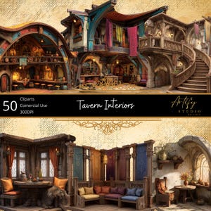 May include: Digital illustration of tavern interiors. The image showcases detailed architectural designs with wooden structures, arched doorways, and spiral staircases. The color palette includes warm tones of brown, orange, and gold, with accents of blue and red. The text "Tavern Interiors" is displayed.