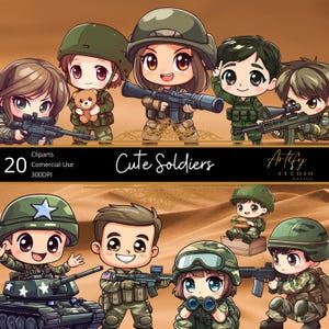 Niedliche Soldaten Cartoon Cliparts, kommerzielle Nutzung, Armee kawaii Zeichen, PNG, Chibi niedlich Sublimation, transparenter Hintergrund, Sofort Download