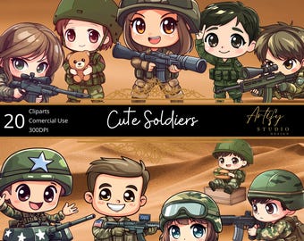 Cute Soldiers Cartoon Cliparts, Commercial Use, army kawaii characters, PNG, Chibi cute Sublimation,transparent background, Instant Download