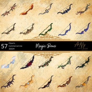 May include: Fifteen fantasy-themed bows in various designs and colours are displayed. The bows feature elements like dragon wings, flames, and floral patterns. The image includes the text "Magic Bows" and "Artify Studio Design."