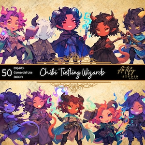 Chibi Tiefling Wizards – 50 Cliparts de Fantasia Encantadores e Mágicos, Fundo Transparente, Uso Comercial