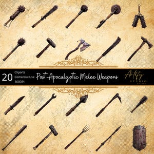 Può includere: Una collezione di 20 armi da mischia post-apocalittiche, tra cui mazze chiodate, asce e utensili affilati. L'immagine presenta una varietà di design, con un'estetica grunge. Il testo recita "20 Cliparts Commercial Use Post-Apocalyptic Melee Weapons".