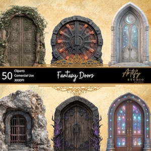 Puede incluir: Imagen digital con seis puertas de fantasía de diversos diseños. Las puertas son de madera, piedra y metal, con detalles como enredaderas, engranajes y elementos celestiales. Se muestra el texto "Fantasy Doors".