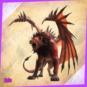 May include: A digital illustration of a fearsome creature with a lion's head, red eyes, and large, bat-like wings. The creature has a red mane, spiky protrusions, and a scaled body. The word "Epic" is in the lower left corner.