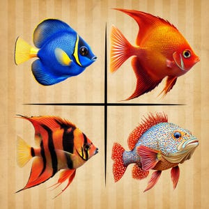 以下が含まれることがあります： 縞模様の背景に、カラフルな魚のイラストが4つ描かれています。左上の魚は黄色いアクセントのある青色、右上の魚は赤いアクセントのあるオレンジ色、左下の魚はオレンジ色と黒色、右下の魚は赤色、白色、青色です。