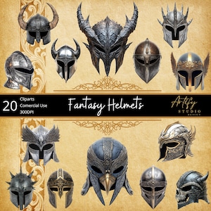 Imágenes prediseñadas de cascos de fantasía: 20 cascos de diseño intrincado para aventuras épicas, fondo transparente, uso comercial