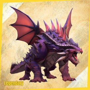 May include: A detailed illustration of a purple dragon with red wings and spikes. The dragon has an open mouth revealing sharp teeth. The word "Legendary" is written in yellow at the bottom left corner of the image.